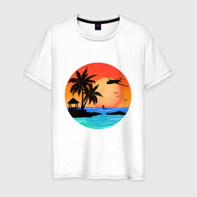 Мужская футболка хлопок с принтом Закат на море в Курске, 100% хлопок | прямой крой, круглый вырез горловины, длина до линии бедер, слегка спущенное плечо. | закат | лодка | море | океан | отдых | отпуск | пальма | птицы | самолет | солнце | яркая