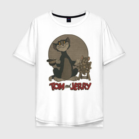 Мужская футболка хлопок Oversize с принтом Tom&Jerry в Курске, 100% хлопок | свободный крой, круглый ворот, “спинка” длиннее передней части | spike | tom  jerry | tom and jerry | tomjerry | tuffy | vdgerir | мамочка два тапочка | том и джери | том и джерри