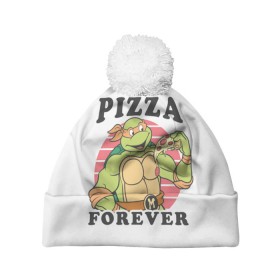 Шапка 3D c помпоном с принтом Pizza Forever в Курске, 100% полиэстер | универсальный размер, печать по всей поверхности изделия | 