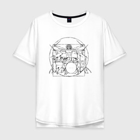 Мужская футболка хлопок Oversize с принтом Витрувианский барабанщик в Курске, 100% хлопок | свободный крой, круглый ворот, “спинка” длиннее передней части | барабанщик | витрувианский человек | да винчи | рок | ударные
