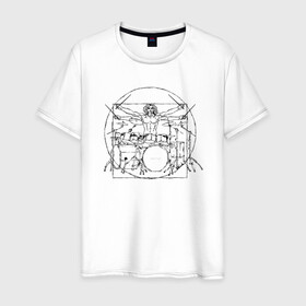 Мужская футболка хлопок с принтом Витрувианский барабанщик в Курске, 100% хлопок | прямой крой, круглый вырез горловины, длина до линии бедер, слегка спущенное плечо. | барабанщик | витрувианский человек | да винчи | рок | ударные