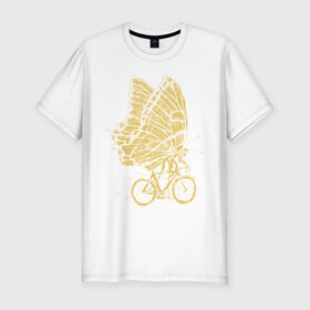 Мужская футболка хлопок Slim с принтом Бабочка на велосипеде в Курске, 92% хлопок, 8% лайкра | приталенный силуэт, круглый вырез ворота, длина до линии бедра, короткий рукав | бабочка | велосипед | велоспорт | зож