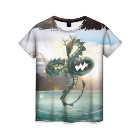 Женская футболка 3D с принтом Дракон в Курске, 100% полиэфир ( синтетическое хлопкоподобное полотно) | прямой крой, круглый вырез горловины, длина до линии бедер | dragon | monster | драго | дракон | космический дракон | монстр | огнедыщащий | прикольная картинка | чудовище | японский дракон | ящерица