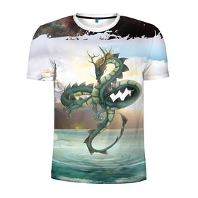 Мужская футболка 3D спортивная с принтом Дракон в Курске, 100% полиэстер с улучшенными характеристиками | приталенный силуэт, круглая горловина, широкие плечи, сужается к линии бедра | dragon | monster | драго | дракон | космический дракон | монстр | огнедыщащий | прикольная картинка | чудовище | японский дракон | ящерица
