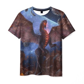 Мужская футболка 3D с принтом SPACE FIRE DRAGO в Курске, 100% полиэфир | прямой крой, круглый вырез горловины, длина до линии бедер | dragon | fire | monster | space | драго | дракон | космический | космос | монстр | огнедыщащий | огонь | прикольная картинка | чудовище | ящерица