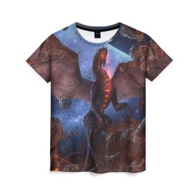 Женская футболка 3D с принтом SPACE FIRE DRAGO в Курске, 100% полиэфир ( синтетическое хлопкоподобное полотно) | прямой крой, круглый вырез горловины, длина до линии бедер | dragon | fire | monster | space | драго | дракон | космический | космос | монстр | огнедыщащий | огонь | прикольная картинка | чудовище | ящерица