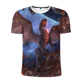 Мужская футболка 3D спортивная с принтом SPACE FIRE DRAGO в Курске, 100% полиэстер с улучшенными характеристиками | приталенный силуэт, круглая горловина, широкие плечи, сужается к линии бедра | dragon | fire | monster | space | драго | дракон | космический | космос | монстр | огнедыщащий | огонь | прикольная картинка | чудовище | ящерица
