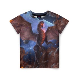 Детская футболка 3D с принтом SPACE FIRE DRAGO в Курске, 100% гипоаллергенный полиэфир | прямой крой, круглый вырез горловины, длина до линии бедер, чуть спущенное плечо, ткань немного тянется | dragon | fire | monster | space | драго | дракон | космический | космос | монстр | огнедыщащий | огонь | прикольная картинка | чудовище | ящерица