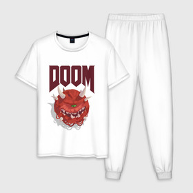 Мужская пижама хлопок с принтом DOOM в Курске, 100% хлопок | брюки и футболка прямого кроя, без карманов, на брюках мягкая резинка на поясе и по низу штанин
 | demons | devil | doom | doom eternal | doom slayer | hell | slayer | ад | демоны | дум