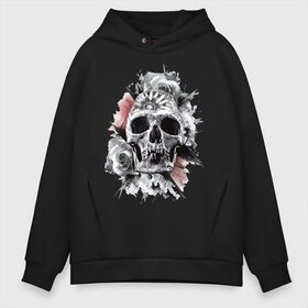 Мужское худи Oversize хлопок с принтом Skull в Курске, френч-терри — 70% хлопок, 30% полиэстер. Мягкий теплый начес внутри —100% хлопок | боковые карманы, эластичные манжеты и нижняя кромка, капюшон на магнитной кнопке | flower | grin | jaw | orbits | rose | skull | teeth | глазницы | зубы | оскал | пасть | роза | цветок | череп