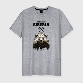 Мужская футболка премиум с принтом Сибирь в Курске, 92% хлопок, 8% лайкра | приталенный силуэт, круглый вырез ворота, длина до линии бедра, короткий рукав | siberia | лес | медведь | русский мишка | сибирь | сибиряк | тайга | топоры