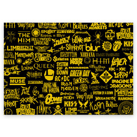 Поздравительная открытка с принтом Логотипы рок групп GOLD в Курске, 100% бумага | плотность бумаги 280 г/м2, матовая, на обратной стороне линовка и место для марки
 | Тематика изображения на принте: ac dc | deep purple | him | hollywood undead | iron maiden | kiss | limp bizkit | linkin park | louna | manowar | metallica | rammstein | slipknot | thirty seconds to mars | алиса | групп | логотипы | луна | рок