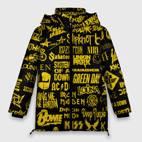 Женская зимняя куртка 3D с принтом Логотипы рок групп GOLD в Курске, верх — 100% полиэстер; подкладка — 100% полиэстер; утеплитель — 100% полиэстер | длина ниже бедра, силуэт Оверсайз. Есть воротник-стойка, отстегивающийся капюшон и ветрозащитная планка. 

Боковые карманы с листочкой на кнопках и внутренний карман на молнии | Тематика изображения на принте: ac dc | deep purple | him | hollywood undead | iron maiden | kiss | limp bizkit | linkin park | louna | manowar | metallica | rammstein | slipknot | thirty seconds to mars | алиса | групп | логотипы | луна | рок