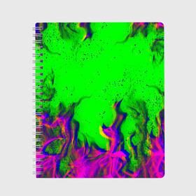 Тетрадь с принтом ОГОНЬ ГЛИТЧ в Курске, 100% бумага | 48 листов, плотность листов — 60 г/м2, плотность картонной обложки — 250 г/м2. Листы скреплены сбоку удобной пружинной спиралью. Уголки страниц и обложки скругленные. Цвет линий — светло-серый
 | abstraction | fire | flame | geometry | hexagon | neon | paints | stripes | texture | triangle | абстракция | брызги | геометрия | краски | неон | неоновый | огонь | соты | текстура
