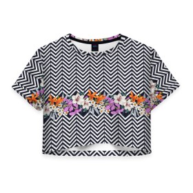 Женская футболка Crop-top 3D с принтом тропически цветы с орнаментом в Курске, 100% полиэстер | круглая горловина, длина футболки до линии талии, рукава с отворотами | casual | summer | летние | лето | пляжное | тренд | тропики