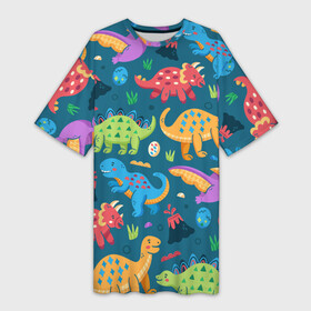 Платье-футболка 3D с принтом Арт с динозаврами в Курске,  |  | dinosaurs | динозавр | динозавры | животные | игрушки | мульт динозавры | мультяшки динозавры | тираннозавр