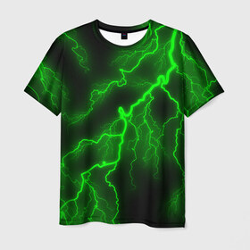 Мужская футболка 3D с принтом МОЛНИЯ GREEN NEON в Курске, 100% полиэфир | прямой крой, круглый вырез горловины, длина до линии бедер | гроза | гром | молния | небо | неон | неоновый | ночь | природа | разряд | текстура | ток | электричество | яркий