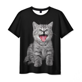 Мужская футболка 3D с принтом Кричащий кот. в Курске, 100% полиэфир | прямой крой, круглый вырез горловины, длина до линии бедер | животные | звери | зевающий кот | кися | кот | котенок | котики | коты | кричащий кот | минимализм | питомцы | прикольные картинки