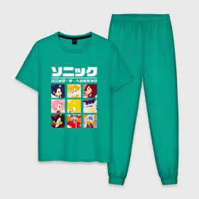 Мужская пижама хлопок с принтом Японский Sonic в Курске, 100% хлопок | брюки и футболка прямого кроя, без карманов, на брюках мягкая резинка на поясе и по низу штанин
 | 16бит | 8бит | dendy | hedgehog | japan | movie | sega | sonic | the | в японском стиле | винтаж | денди | ёжик | игра | иероглифы | йероглифы | кино | сега | соник | фильм | японский