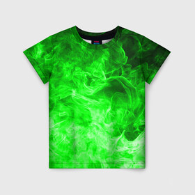 Детская футболка 3D с принтом ОГОНЬ GREEN NEON в Курске, 100% гипоаллергенный полиэфир | прямой крой, круглый вырез горловины, длина до линии бедер, чуть спущенное плечо, ткань немного тянется | Тематика изображения на принте: битва огней | зеленый | неон | неоновый | огонь | пламя | пожар | салатовый | стихия | текстура | цветной | яркий