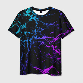Мужская футболка 3D с принтом МРАМОР NEON в Курске, 100% полиэфир | прямой крой, круглый вырез горловины, длина до линии бедер | neon | мрамор | неон | полосы | текстура | трещины | фиолетовый | цветной | яркий