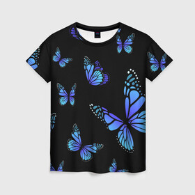 Женская футболка 3D с принтом НЕОНОВЫЕ БАБОЧКИ | BUTTERFLY NEON в Курске, 100% полиэфир ( синтетическое хлопкоподобное полотно) | прямой крой, круглый вырез горловины, длина до линии бедер | animals | blue | butterflies | game | insects | life is strange | moth | wings | бабочки | животные | игра | крылья | мотылек | насекомые