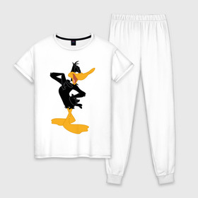 Женская пижама хлопок с принтом Даффи Дак в Курске, 100% хлопок | брюки и футболка прямого кроя, без карманов, на брюках мягкая резинка на поясе и по низу штанин | daffy duck | looney tunes | vdzabma | даффи дак | луни тюнз