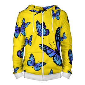 Мужская толстовка 3D на молнии с принтом БАБОЧКИ в Курске, 100% полиэстер | длина до линии бедра, манжеты и пояс оформлены мягкой тканевой резинкой, двухслойный капюшон со шнурком для регулировки, спереди молния, по бокам два кармана | animals | blue | butterflies | game | insects | life is strange | moth | wings | бабочки | животные | игра | крылья | мотылек | насекомые