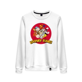 Женский свитшот хлопок с принтом Looney Tunes в Курске, 100% хлопок | прямой крой, круглый вырез, на манжетах и по низу широкая трикотажная резинка  | bugs bunny | daffy duck | looney tunes | sylvester | tasmanian devil | taz | tweety | vdzabma | багз банни | даффи дак | луни тюнз | сильвестр | таз | тасманский дьявол | твити