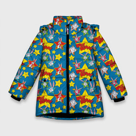Зимняя куртка для девочек 3D с принтом Багз Банни паттерн в Курске, ткань верха — 100% полиэстер; подклад — 100% полиэстер, утеплитель — 100% полиэстер. | длина ниже бедра, удлиненная спинка, воротник стойка и отстегивающийся капюшон. Есть боковые карманы с листочкой на кнопках, утяжки по низу изделия и внутренний карман на молнии. 

Предусмотрены светоотражающий принт на спинке, радужный светоотражающий элемент на пуллере молнии и на резинке для утяжки. | Тематика изображения на принте: bugs bunny | looney tunes | vdzabma | багз банни | луни тюнз