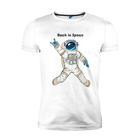 Мужская футболка премиум с принтом Rock in Space в Курске, 92% хлопок, 8% лайкра | приталенный силуэт, круглый вырез ворота, длина до линии бедра, короткий рукав | cosmonaut | rock | rock n roll | space | космонавт | космос | рок
