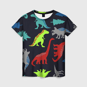 Женская футболка 3D с принтом Динозавры в Курске, 100% полиэфир ( синтетическое хлопкоподобное полотно) | прямой крой, круглый вырез горловины, длина до линии бедер | деская маска | динозавр | динозавры | животные | маска | прикольные