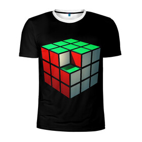 Мужская футболка 3D спортивная с принтом Кубик Рубика в Курске, 100% полиэстер с улучшенными характеристиками | приталенный силуэт, круглая горловина, широкие плечи, сужается к линии бедра | Тематика изображения на принте: 3d | головоломка | игры | кубик | мозг | недостающий | рубика | элемент