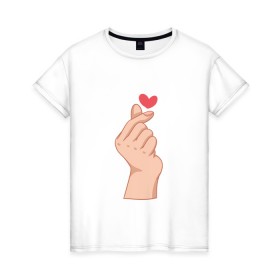 Женская футболка хлопок с принтом Корейское сердечко в Курске, 100% хлопок | прямой крой, круглый вырез горловины, длина до линии бедер, слегка спущенное плечо | жест | жесты | корейское сердечко | корейцы | люблю | люблю тебя | любовь | популярное | сердечко | сердце | симпатия | я люблю