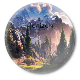 Значок с принтом Horizon Zero Dawn в Курске,  металл | круглая форма, металлическая застежка в виде булавки | aloy | antasy girl | art | artwork | digital art | fantasy | horizon | horizon: zero dawn | landscape | tallneck | warrior fantasy | weapon | zero dawn