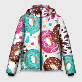 Мужская зимняя куртка 3D с принтом Любитель пончиков в Курске, верх — 100% полиэстер; подкладка — 100% полиэстер; утеплитель — 100% полиэстер | длина ниже бедра, свободный силуэт Оверсайз. Есть воротник-стойка, отстегивающийся капюшон и ветрозащитная планка. 

Боковые карманы с листочкой на кнопках и внутренний карман на молнии. | art | doodling | textures | tiles | арт | дудлинг | еда | искусство | пончик | пончики | съестное | тайлы | текстуры | узор | фон