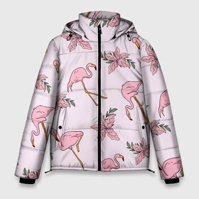 Мужская зимняя куртка 3D с принтом Розовый фламинго в Курске, верх — 100% полиэстер; подкладка — 100% полиэстер; утеплитель — 100% полиэстер | длина ниже бедра, свободный силуэт Оверсайз. Есть воротник-стойка, отстегивающийся капюшон и ветрозащитная планка. 

Боковые карманы с листочкой на кнопках и внутренний карман на молнии. | doodling | textures | tiles | дудлинг | лист | листья | паттерн | природа | птица | птицы | розовый | розовый фламинго | тайлы | текстуры | узор | узоры | фламинго | фон | цветок | цветы