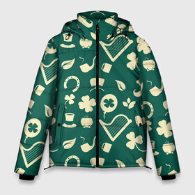 Мужская зимняя куртка 3D с принтом Ирландский арт в Курске, верх — 100% полиэстер; подкладка — 100% полиэстер; утеплитель — 100% полиэстер | длина ниже бедра, свободный силуэт Оверсайз. Есть воротник-стойка, отстегивающийся капюшон и ветрозащитная планка. 

Боковые карманы с листочкой на кнопках и внутренний карман на молнии. | Тематика изображения на принте: арфа | день святого патрика | дудлинг | ирландия | клевер | леприкон | подкова | текстуры | трехлистный клевер | трландец | фон