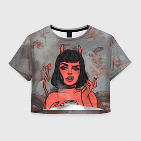 Женская футболка Crop-top 3D с принтом КОФЕЕК в Курске, 100% полиэстер | круглая горловина, длина футболки до линии талии, рукава с отворотами | coffee | demon | girl | демон | дьявол | кофе | суккуба