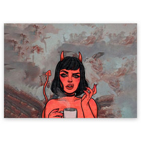 Поздравительная открытка с принтом КОФЕЕК в Курске, 100% бумага | плотность бумаги 280 г/м2, матовая, на обратной стороне линовка и место для марки
 | coffee | demon | girl | демон | дьявол | кофе | суккуба