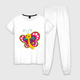 Женская пижама хлопок с принтом Бабочка в Курске, 100% хлопок | брюки и футболка прямого кроя, без карманов, на брюках мягкая резинка на поясе и по низу штанин | бабочка | картинки | комикс | милый | мультфильм | насекомые | прикольные | рисунок