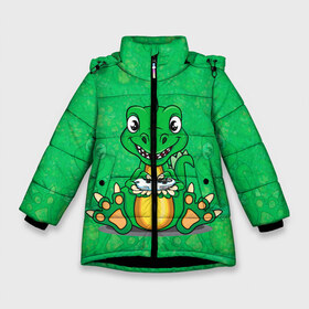 Зимняя куртка для девочек 3D с принтом Дракоша-геймер в Курске, ткань верха — 100% полиэстер; подклад — 100% полиэстер, утеплитель — 100% полиэстер. | длина ниже бедра, удлиненная спинка, воротник стойка и отстегивающийся капюшон. Есть боковые карманы с листочкой на кнопках, утяжки по низу изделия и внутренний карман на молнии. 

Предусмотрены светоотражающий принт на спинке, радужный светоотражающий элемент на пуллере молнии и на резинке для утяжки. | dino | dinosaur | gamer | rex | t rex | ti rex | дино | динозавр | динозаврик | дракон | дракончик | дракоша | приставка | рекс | тираннозавр | тиранозавр | тирранозавр