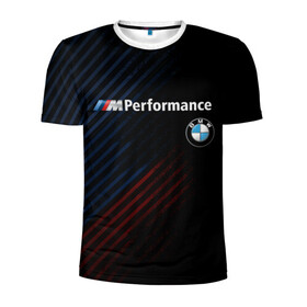 Мужская футболка 3D спортивная с принтом BMW PERFORMANCE в Курске, 100% полиэстер с улучшенными характеристиками | приталенный силуэт, круглая горловина, широкие плечи, сужается к линии бедра | Тематика изображения на принте: bmw | абстракция | авто | автомобиль | бмв | лого | логотип | машина | скорость