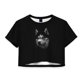 Женская футболка Crop-top 3D с принтом Хаски в Курске, 100% полиэстер | круглая горловина, длина футболки до линии талии, рукава с отворотами | арт | животные | лайка | собаки | хаски