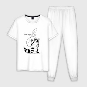 Мужская пижама хлопок с принтом Курьер - Енот 2 - Пенсия в Курске, 100% хлопок | брюки и футболка прямого кроя, без карманов, на брюках мягкая резинка на поясе и по низу штанин
 | reminor | енот | животные | курьер | мультфильм
