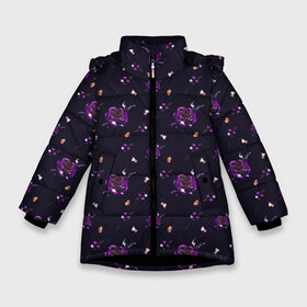 Зимняя куртка для девочек 3D с принтом фиолетовые розы на темном фоне в Курске, ткань верха — 100% полиэстер; подклад — 100% полиэстер, утеплитель — 100% полиэстер. | длина ниже бедра, удлиненная спинка, воротник стойка и отстегивающийся капюшон. Есть боковые карманы с листочкой на кнопках, утяжки по низу изделия и внутренний карман на молнии. 

Предусмотрены светоотражающий принт на спинке, радужный светоотражающий элемент на пуллере молнии и на резинке для утяжки. | ботаника | ежевичный | лиловый | патерн | пурпурный | розы | сиреневый | стильный | темный | тренды | узор | фиолетовый | цветочки | цветы | чернильный | черничный