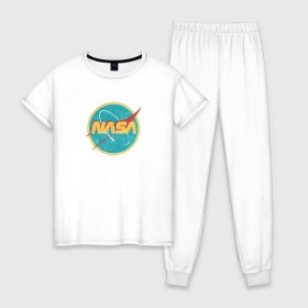Женская пижама хлопок с принтом NASA винтажный логотип в Курске, 100% хлопок | брюки и футболка прямого кроя, без карманов, на брюках мягкая резинка на поясе и по низу штанин | 50 е | 50s | nasa | retro | us | usa | vintage | в старом стиле | винтаж | винтажный | затертый | логотип | модная | модный | наса | потертый | ретро | старый | старый логотип | сша