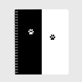 Тетрадь с принтом Кошачьи следы в Курске, 100% бумага | 48 листов, плотность листов — 60 г/м2, плотность картонной обложки — 250 г/м2. Листы скреплены сбоку удобной пружинной спиралью. Уголки страниц и обложки скругленные. Цвет линий — светло-серый
 | black and white | cat | животные | кот | кошачий след | кошка | половина | черно белый | чёрный и белый