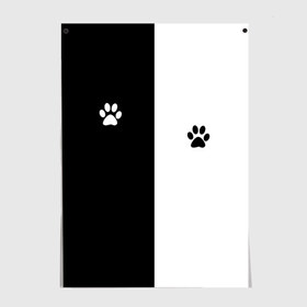 Постер с принтом Кошачьи следы в Курске, 100% бумага
 | бумага, плотность 150 мг. Матовая, но за счет высокого коэффициента гладкости имеет небольшой блеск и дает на свету блики, но в отличии от глянцевой бумаги не покрыта лаком | Тематика изображения на принте: black and white | cat | животные | кот | кошачий след | кошка | половина | черно белый | чёрный и белый