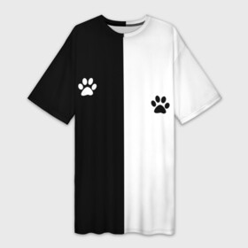 Платье-футболка 3D с принтом Кошачьи следы в Курске,  |  | Тематика изображения на принте: black and white | cat | животные | кот | кошачий след | кошка | половина | черно белый | чёрный и белый